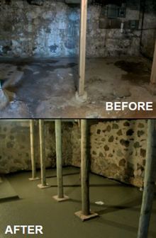 A before-and-after comparison showing A+ Environmental, Inc.’s repair work done to a leaky basement | Basement leak repair